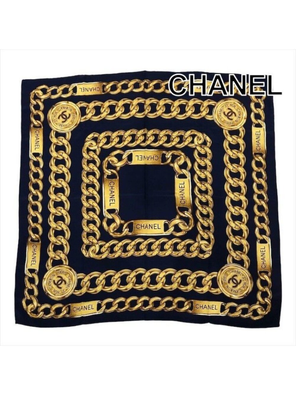 Chanel CC Logo Large Scarf Chain Motif Navy Silk